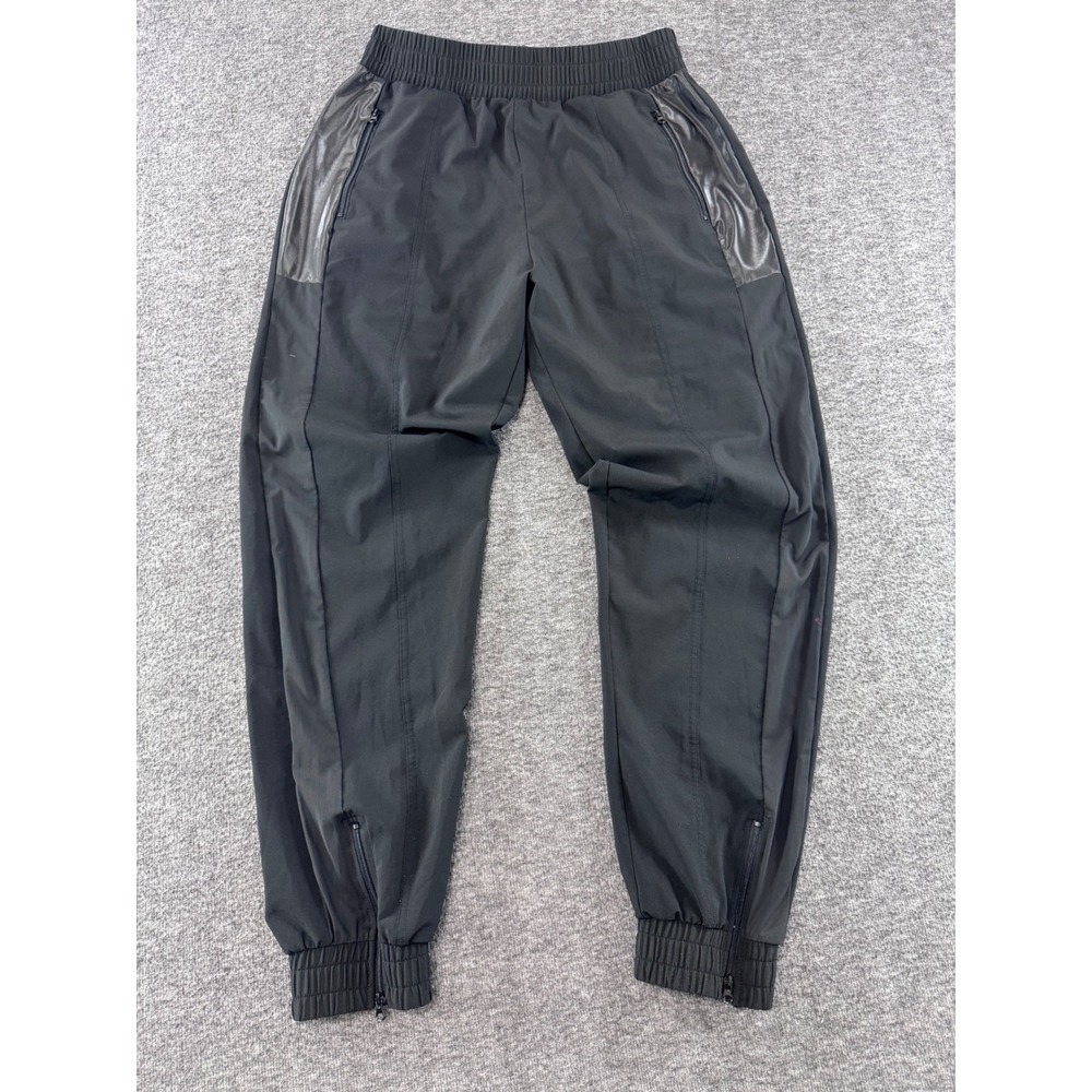 Victoria Sport Black Jogger Pants Faux Leather Trim Mesh Inseam Zipper Hem Small